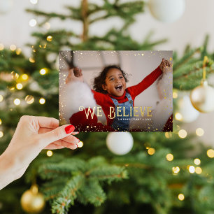 We Believe   Gold Glitz Photo Overlay Foil Holiday Card