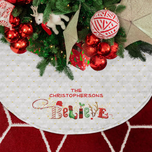 We BELIEVE in Santa, Quilted White & Gold Beads Brushed Polyester Tree Skirt