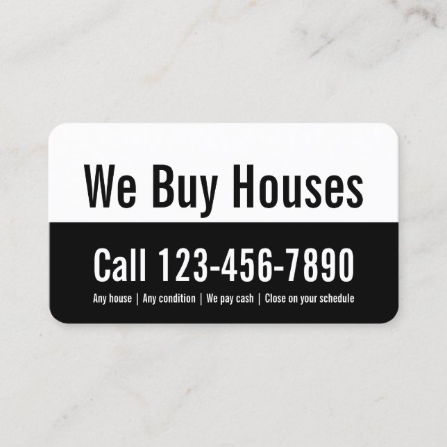 We Buy Houses Black and White Promotional Template Business Card (Front)