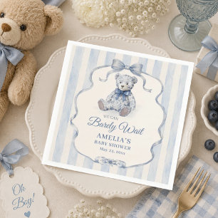We Can Barely Wait Blue Teddy Baby Shower Napkin