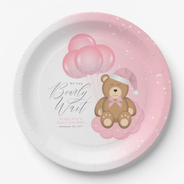 We Can Barely Wait Sleepy Bear Balloon Baby Shower Paper Plate (Front)