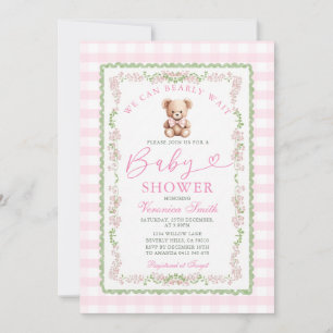 We can bearly Pink Gingham Baby Girl Shower Invite