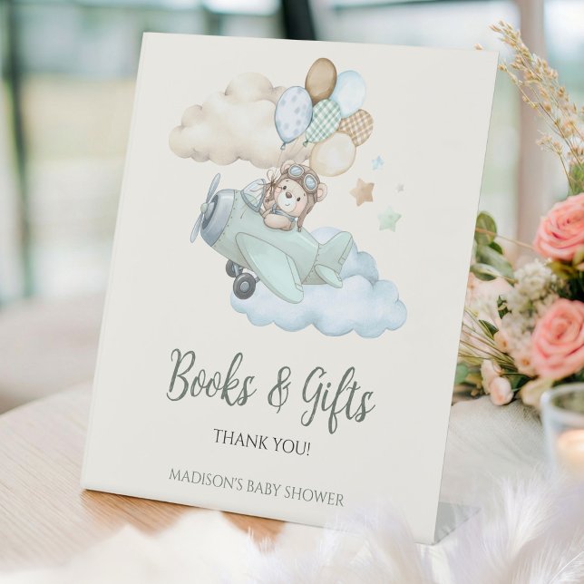 We Can Bearly Wait Aeroplane Books and Gifts  Pedestal Sign (Aviator Teddy Bear Baby Shower Books and Gifts Pedestal Sign. Blue Boy Airplane. We Can Bearly Wait.)