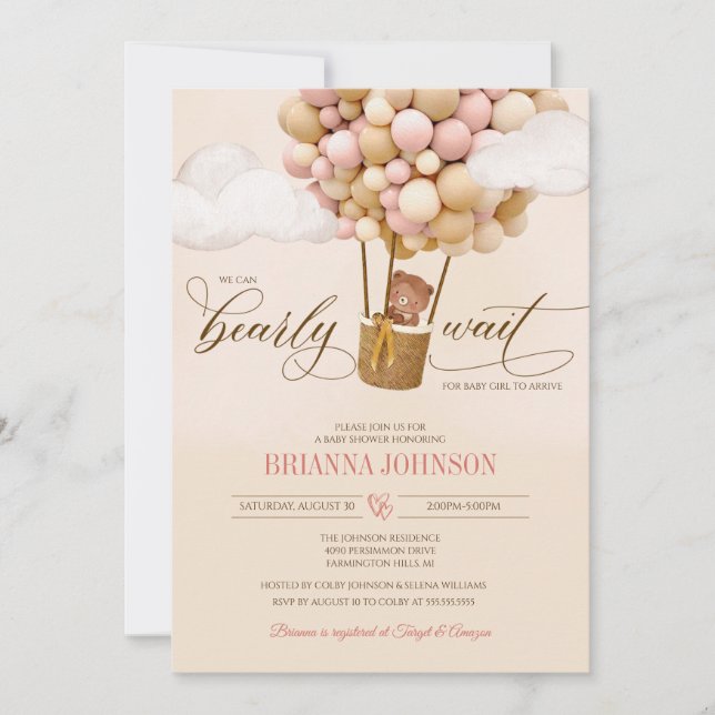 We Can Bearly Wait, Air Balloons Girl Baby Shower Invitation (Front)