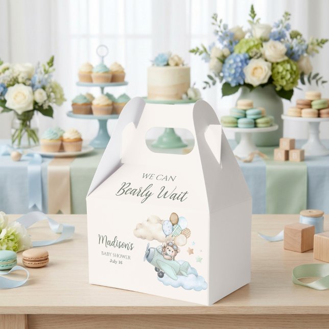 We Can Bearly Wait Aviator Teddy Bear Boy Gift Favour Box (Aviator Teddy Bear Baby Shower Gable Box. Blue Boy Airplane. We Can Bearly Wait.)
