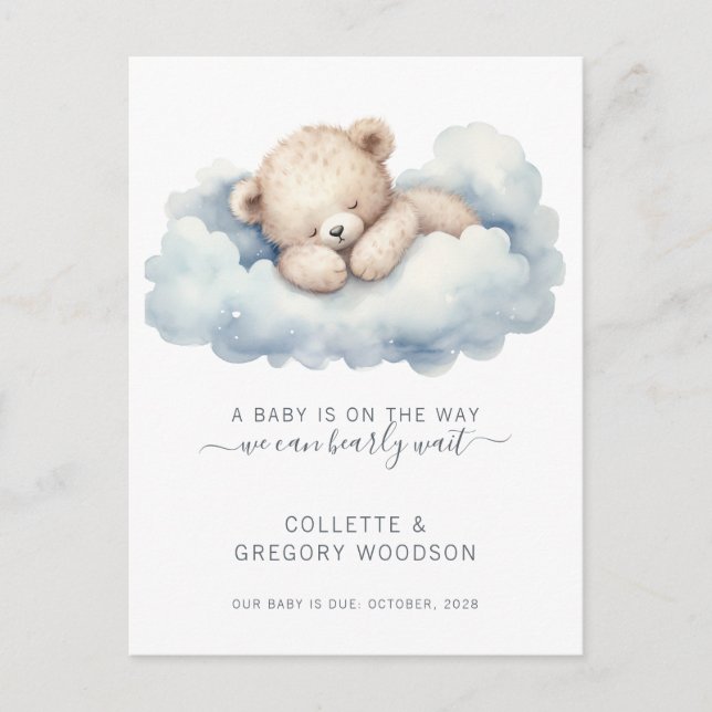 We Can Bearly Wait Baby Bear Clouds Pregnancy  Announcement Postcard (Front)