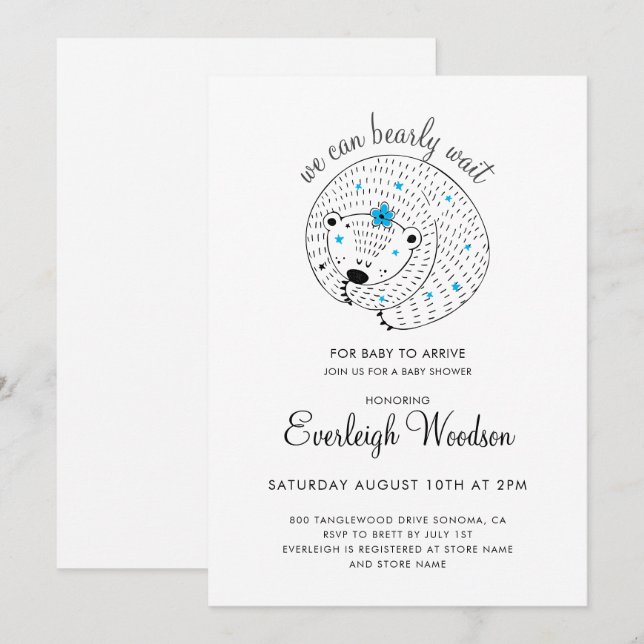 We Can Bearly Wait Baby Boy Bear Baby Shower  Invitation (Front/Back)