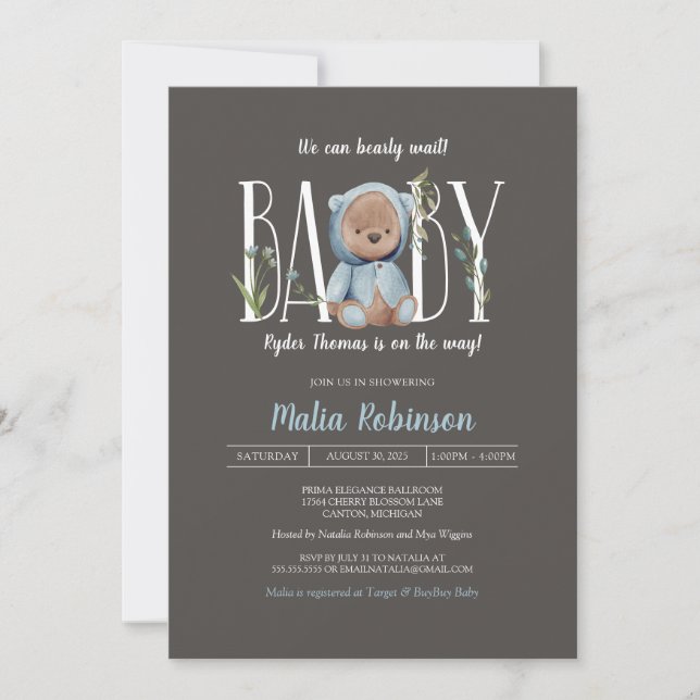 We Can Bearly Wait! Baby Boy Blue Shower Invitation (Front)