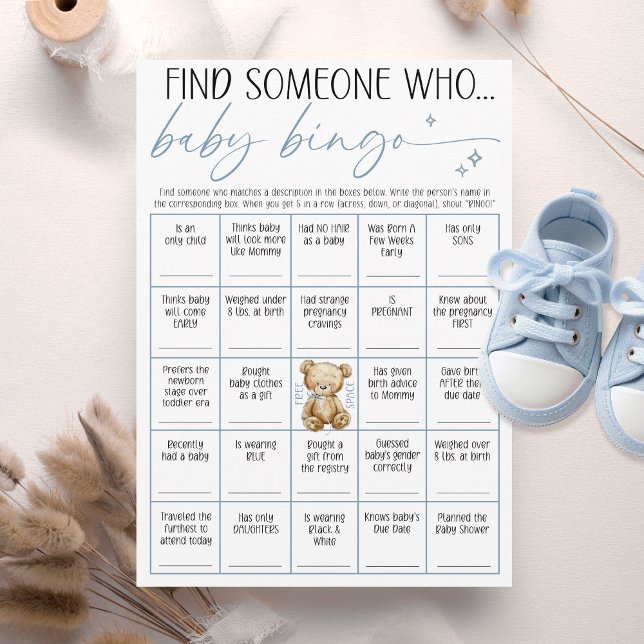 We Can Bearly Wait Baby Boy Shower Bingo Game Card (We can bearly wait watercolor teddy bear blue baby boy shower Find Someone Who fun bingo game card)
