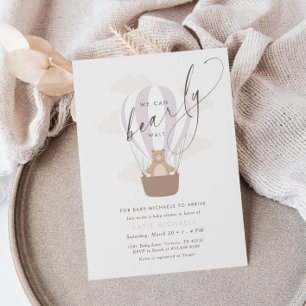 We Can Bearly Wait   Baby Girl Purple Air Balloon Invitation