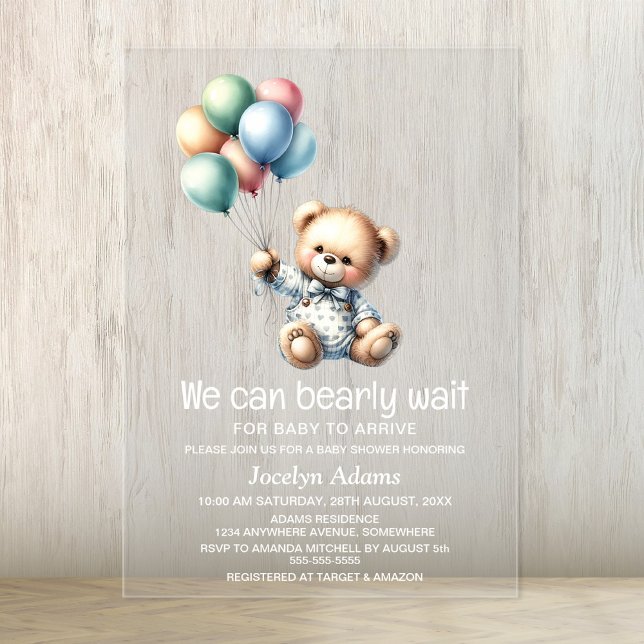 We Can Bearly Wait Baby Shower Acrylic Invitations (Creator Uploaded)