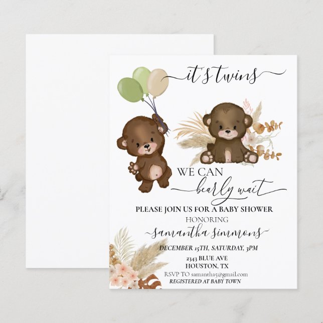 We Can Bearly Wait Baby Shower Bear Twins (Front/Back)