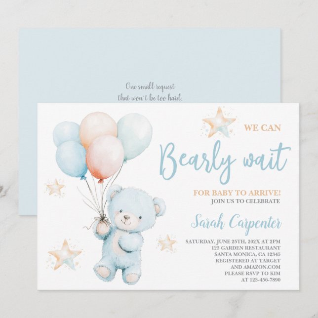We Can Bearly Wait Baby Shower Boy Invitation (Front/Back)