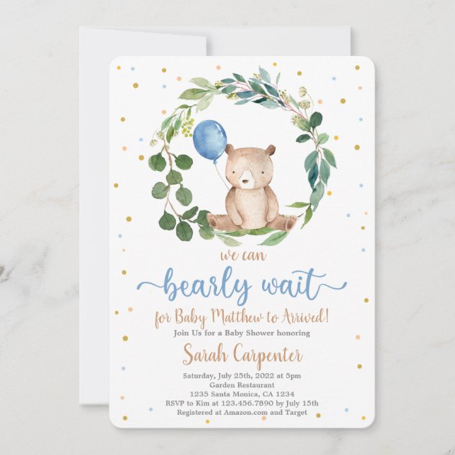 We Can Bearly Wait Baby Shower Boy Invitation (Front)