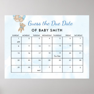 We Can Bearly Wait Baby Shower Due Date Poster