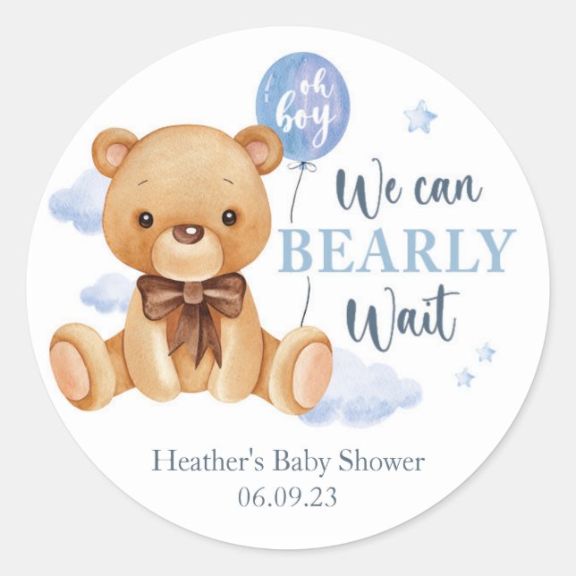 We Can Bearly Wait Baby Shower Favour Stickers Blu (Front)