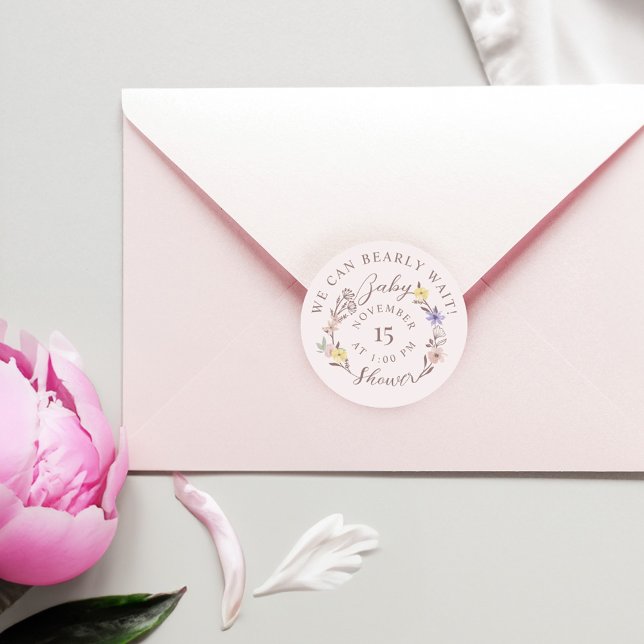 We Can Bearly Wait Baby Shower Floral Wreath Pink Classic Round Sticker (We Can Bearly Wait Baby Shower Floral Wreath Pink Classic Round Sticker)
