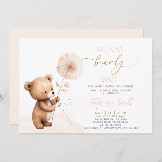 We can bearly wait Baby Shower girl Invitation (Front/Back)