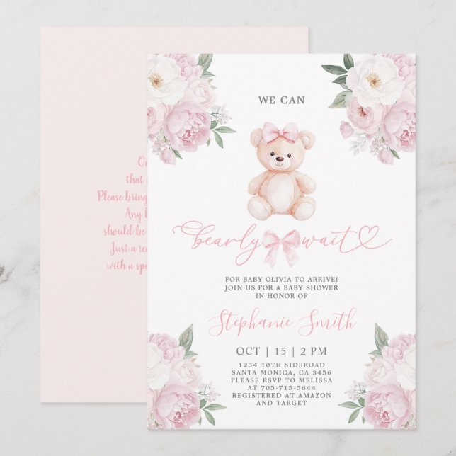 We can Bearly wait Baby Shower Girl Invitation (Front/Back)
