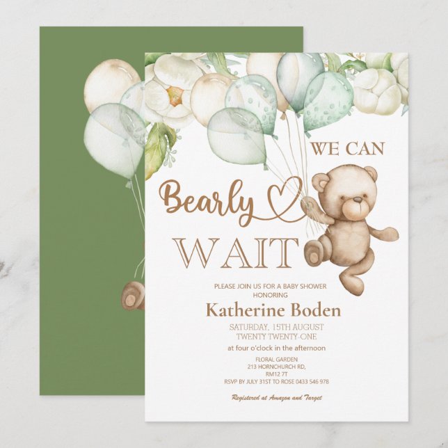 We can bearly wait baby shower invitation  (Front/Back)