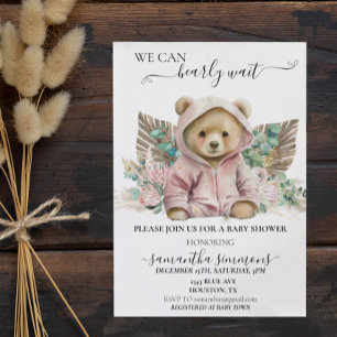 We Can Bearly Wait Baby Shower Pink Boho Bear  Invitation