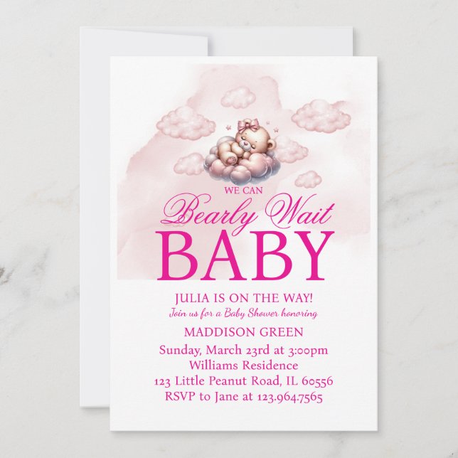 We Can Bearly Wait Baby Shower Pink Watercolors Invitation (Front)
