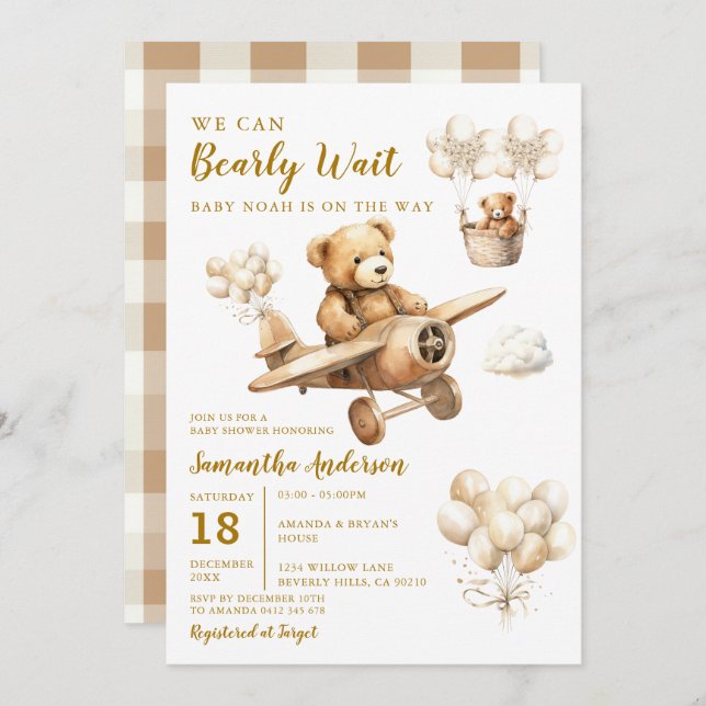 We Can Bearly Wait Baby Shower Plane Brown Balloon Invitation (Front/Back)