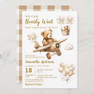 We Can Bearly Wait Baby Shower Plane Brown Balloon Invitation