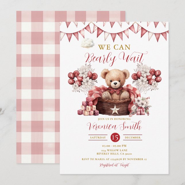 We Can Bearly Wait Baby Shower Red Floral Balloon Invitation (Front/Back)