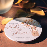 We Can Bearly Wait! Baby Shower Square Paper Coast Round Paper Coaster<br><div class="desc">We Can Bearly Wait! :) This little bear is waiting for the big baby party, sitting in a hot air balloon built out of pink and cream balloons. Whimsical watercolors and modern typography complement the design. Personalise this cute Bear Baby Shower item with your baby shower details easily and quickly,...</div>
