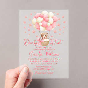 we can bearly wait, baby shower teddy pink acrylic invitations