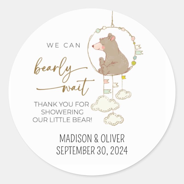 We Can Bearly Wait Baby Shower Thank You Stickers (Front)