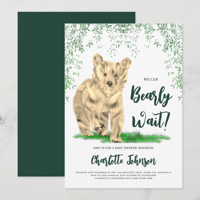 We Can Bearly Wait Baby Shower Woodland Bear Invitation (Front/Back)