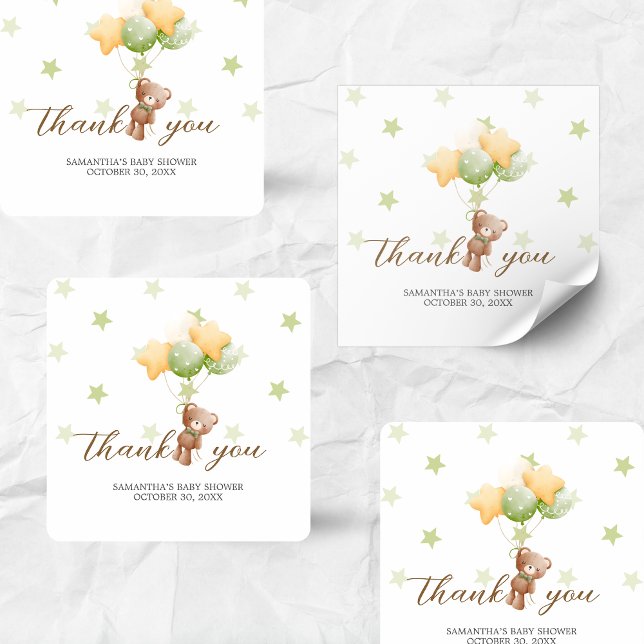 We Can Bearly Wait Balloon Baby Shower Square Sticker (Bear Balloon Baby Shower Sticker)