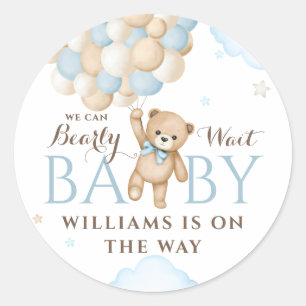 We Can Bearly Wait Balloon Bear Baby Boy Shower Classic Round Sticker