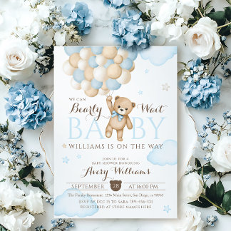 We Can Bearly Wait Balloon Bear Baby Boy Shower Invitation
