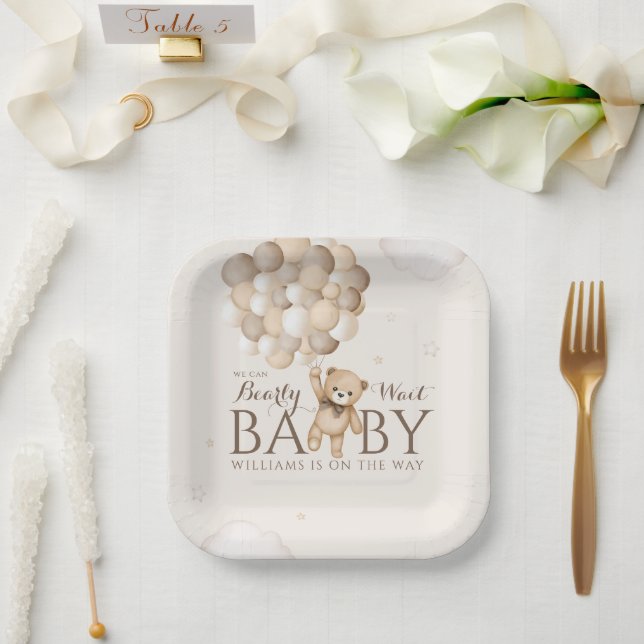We Can Bearly Wait Balloon Bear Baby Shower  Paper Plate (Wedding)