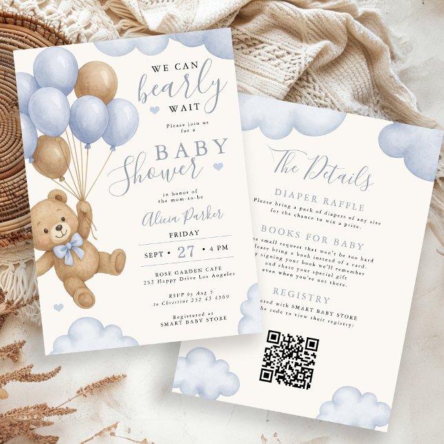 We can bearly wait balloon bear boy baby shower invitation (Creator Uploaded)