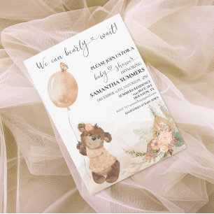 We can Bearly Wait Balloon Watercolor Peach Boho Invitation
