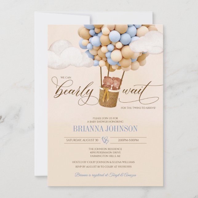 We Can Bearly Wait Balloons Twin Boy Baby Shower Invitation (Front)