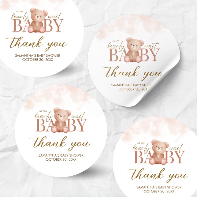 We Can Bearly Wait Bear Baby Shower Classic Round Sticker (Teddy Bear Baby Shower Sticker)