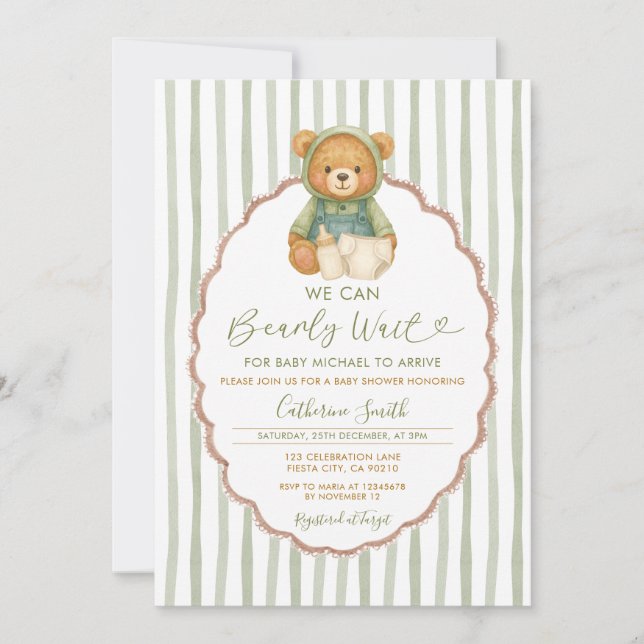 We can Bearly wait bear baby shower green stripes Invitation (Front)