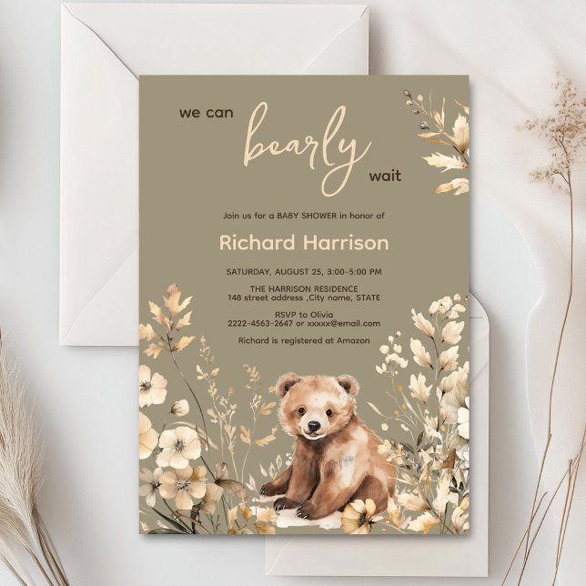 We can bearly wait bear baby shower invitation (Cute watercolor forest bear with rustic beige flowers baby shower invitation)