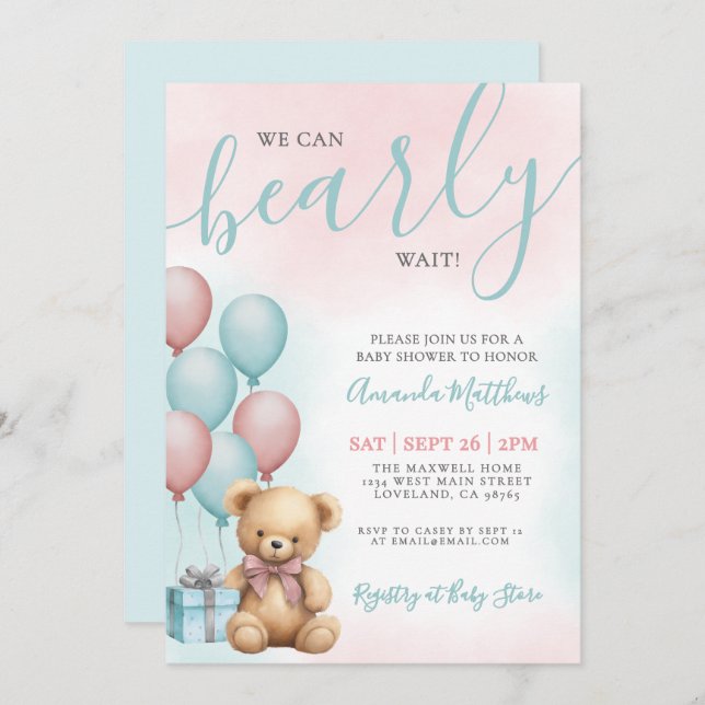 We Can Bearly Wait Bear Baby Shower Invitation (Front/Back)