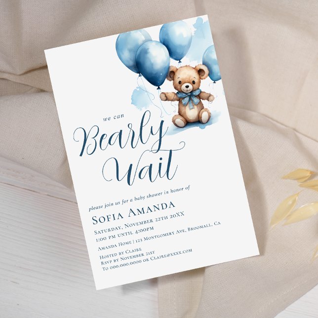We Can Bearly Wait Bear Balloon Baby Shower Invitation (Creator Uploaded)