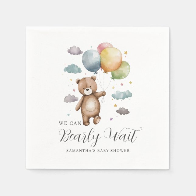 We Can Bearly Wait Bear Balloon Baby Shower  Napkin (Front)