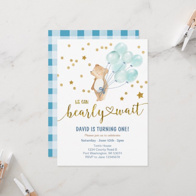 We Can Bearly Wait Bear Balloon Birthday Invitation (Front/Back In Situ)