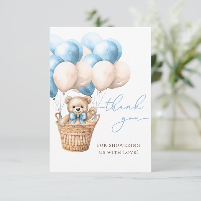 We Can Bearly Wait | Bear Balloon Blue Baby Shower Thank You Card (Standing Front)