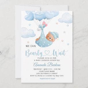 We Can Bearly Wait Bear Balloon Boy Baby Shower Invitation