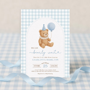 We Can Bearly Wait Bear Balloon Boy Baby Shower Invitation